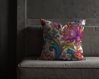 DYNASTY DREAMS | Abstrakt färgglad blommig damaskkudde - regnbågens färger, present till henne, konstnärlig heminredning, lekfull design, skedblomma
