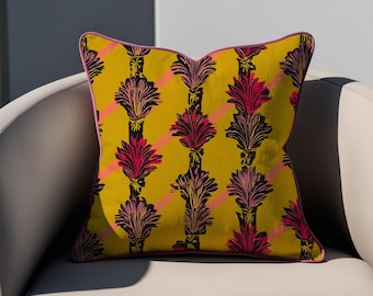 GILDED PALM | Premium Cotton Linen Pillow, Retro Botanical Print, Multiple Sizes, Insert Options, Dorm Decor, Free Shipping, Yellow Pillow,