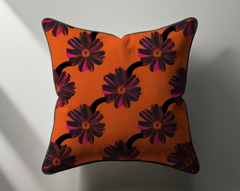 FIREFLOWER | Cotton Linen Pillow, Bold Retro Floral Print, Multiple Sizes, Insert Options, Free Shipping, Dorm Decor, Premium Throw Pillow