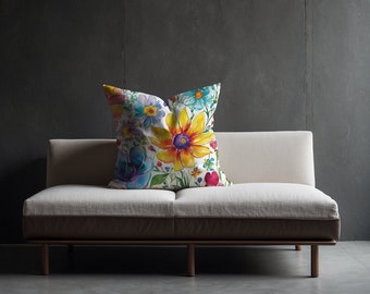 SOLROSSVAJ | Bohochic blommig kudde, abstrakt vildblomsdesign, dekorativ accent för vardagsrum, elegant fyrkantig kudde, livfulla färger