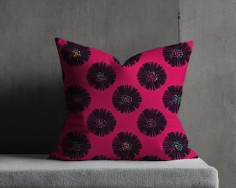 POM-POM | Faux Suede Pillow, Retro Floral Design, Vibrant Fuchsia, Soft Texture, Throw Pillow, Modern Accent Pillow, Funky Home Decor, Girls