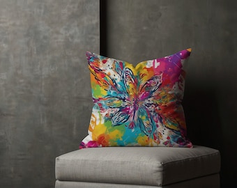 BLOOM SPECTRUM | Rainbow Vibrant Abstract Floral Paint-Splatter Pillow, Perfect Summer Gift for Her, Colorful Girls' Decor, Spoonflower