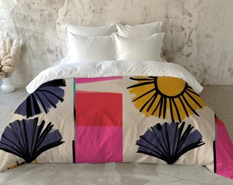 SUNBURST BLOOM | Retro Floral Duvet Cover Set, Comforter, Colorful Bedding, Free Shipping, Dorm Decor, Bed Set, Premium Bedding, Cotton Back