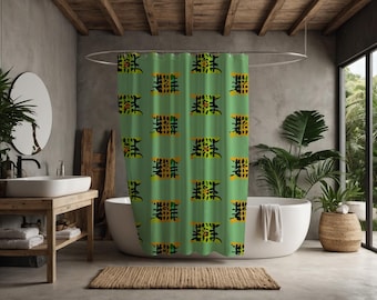 WASABI | Duschdraperi, abstrakt asiatiskinspirerad design, fri frakt, 180x180 cm, livfull badrumsdekor, studentrumsdekor, grönt duschdraperi