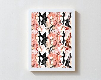 RWANDA | Premium FRAMED Abstract Art, Black & Coral Dance Print, Modern Figure Pattern, Ready To Hang, Multiple Sizes, Wall Print, Ship Free