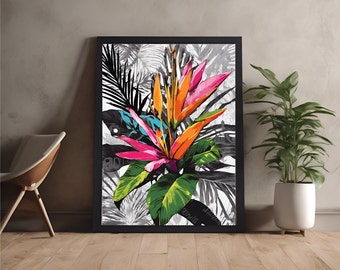 Quadro con fiori tropicali - Stampa digitale, bianco e nero con un tocco di colore, arte murale massimalista, arte murale contemporanea, regalo perfetto per lei