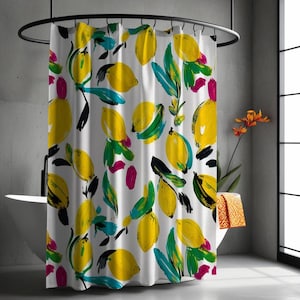 LEMON | Funky Citrus Shower Curtain, Modern Fruit Print, 71&quot;x74&quot;, Quick-Drying Polyester, Bathroom Art, Dorm Decor, Fruit Shower Curtain
