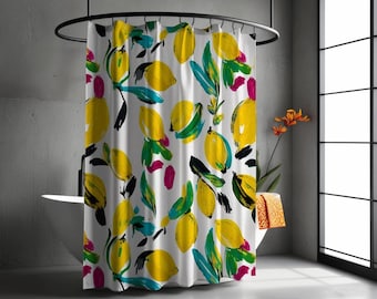 CITRON | Funky Citrus duschdraperi, modernt frukttryck, 180x180 cm, snabbtorkande polyester, badrumskonst, studentrumsdekor, fruktduschdraperi