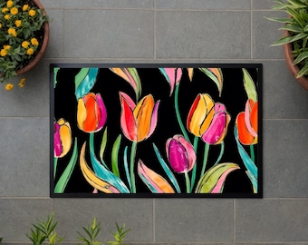 MAGISKA TULPANER | Sommardörrmatta – Hög kvalitet, Flerfärgad, 74 x 51 cm, Vattentät Entrématta, Blommönster, Inomhus Utomhus, Halkfri, Present