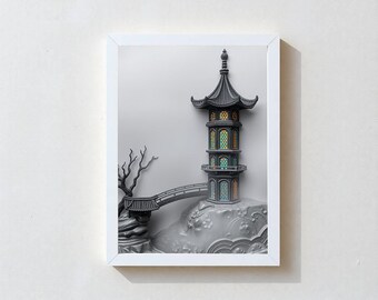 SYNC | Premium FRAMED Asian Art Print, Monochrome Pagoda with Rainbow Windows, Zen Wall Decor, Ready To Hang, Multiple Sizes, Ship Free