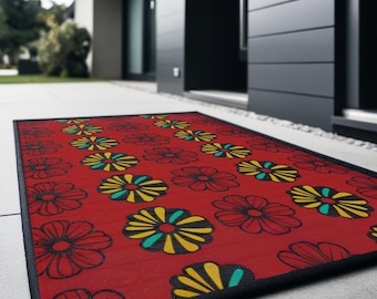 RETRO BLOEMEN | Levendige bloemendeurmat, duurzaam, kleurrijk, 29 x 20 inch, funky welkomstmat, gratis verzending, hoge kwaliteit, antislip, rode deurmat