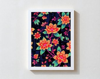 SCARLETT | Premium FRAMED Neon Floral Art, Orange Flower Print on Navy, Asian Inspired Wall Decor, Ready To Hang, Multiple Sizes