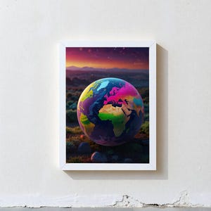 Può includere: Un globo terrestre colorato con una mappa del mondo rosa, verde e gialla si trova su una superficie rocciosa marrone. Il globo è circondato da uno sfondo sfocato di un cielo al tramonto con le stelle.