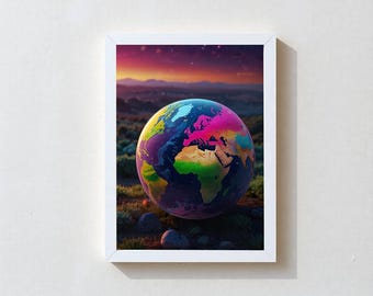 SINCLAIR | Premium FRAMED Rainbow Earth Art, Colorful World Globe Print, Modern Fantasy Wall Decor, Ready To Hang, Multiple Sizes, Ship Free