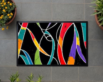 COLORFUL CURVES | Colorful Door Mat, High Quality, Multicolor, 29" X 20", Waterproof Entrance Mat, Indoor Outdoor, Nonslip, abstract design