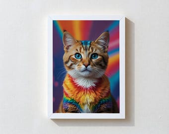 PHOEBE | FRAMED Premium Cat Art Print, Rainbow Tie Dye Pet Portrait, Blue Eyes Wall Decor, Ready To Hang, Multiple Sizes, Ship Free