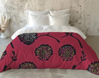 CRIMSON BURST | Luxury Silk Duvet Cover Set, Custom Sizes, Silk/Cotton Back, Pillowcases, Elegant Floral Design, Premium Bedding, Bed Set