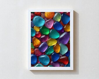 PEBBLE | Premium FRAMED Rainbow Art Print, Colorful Glass Abstract, Modern Macro Photography Wall Decor, Ready To Hang, Ship Free, Glass