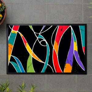KOLOROWE KRZYWE | Kolorowa mata wejściowa, wysoka jakość, wielokolorowa, 29&quot; X 20&quot;, wodoodporna mata wejściowa, do użytku wewnątrz i na zewnątrz, antypoślizgowa, abstrakcyjny wzór