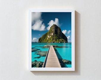 HAPPY PLACE | Premium FRAMED Tropical Art Print, Beach Paradise Pier Ocean Mountain, Turquoise Water Wall Decor, Ready To Hang, Ship Free