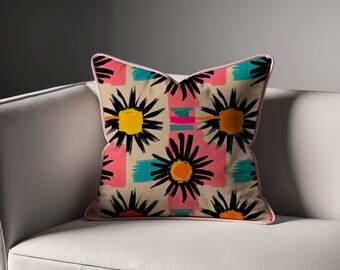 DAISY DISCO | Eco-Luxury Cotton Linen Pillow, Free Shipping, Retro Floral Print, Pink Piping, Reversible Design, Feather Insert, Dorm Decor
