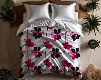 POPPY POP | Luxury Silk Duvet Cover Set, Custom Sizes, Silk/Cotton Back, Pillowcases, Bold Floral Design, Premium Bedding, Set, Dorm Decor