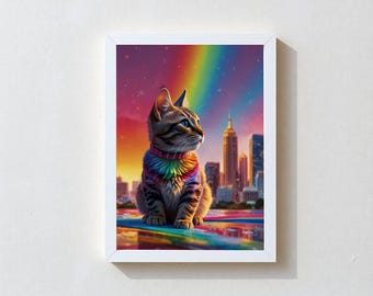 BRAVE | Premium FRAMED Cat Art Print, Rainbow Pet in NYC Skyline, Modern Fantasy Wall Decor, Ready To Hang, Gentle Clean, Ship Free, Gift