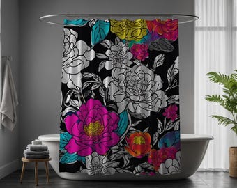 BLOSSOM DIVA | Shower Curtain, Pop of Color Floral Pattern, Free Shipping, 71" X 74, Spoonflower, Trendy Shower Curtain, Flowers, Pop Art