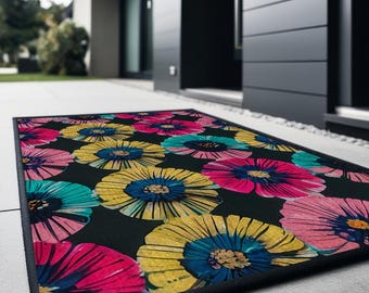 IRIS | Door Mat, Vibrant Floral Design, Indoor/Outdoor, 29" x 20", Free Shipping, Non-Slip Backing, Easy Clean, Colorful Home Accent