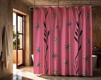 BUBBLEGUM | Duschdraperi, Retro Daisy-design, Fri frakt, 180x180 cm, Rosa badrumsdekor, Studentrumsinredning, Egenartad blommig, Vintage-känsla