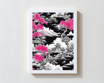 RYDER | Premium FRAMED Asian Art Print, Hot Pink Cherry Blossom Black White Pagoda, Modern Japanese Wall Decor, Ready To Hang, Ship Free