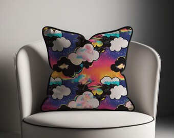 COTTON CANDY | Soft Velvet Pillow, Free Shipping, Fantasy Print, Black Piping, Reversible Design, Feather Insert, Dorm Decor, Velor, Luxe