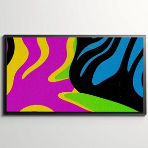 Könnte beinhalten: Abstrakter Kunstdruck mit einem farbenfrohen Design in Gelb, Grün, Pink, Blau und Schwarz. Das Design besteht aus wellenförmigen Linien und Formen.