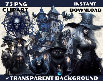 Gothic Witch Watercolor Clipart Bundle, Black Halloween PNG (Digital Download)