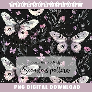 Night Garden seamless pattern PNG digital print file instant download dark Sublimation POD mystical moth magic witchy floral Commercial Use