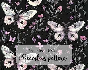 Night Garden seamless pattern PNG digital print file instant download dark Sublimation POD mystical moth magic witchy floral Commercial Use
