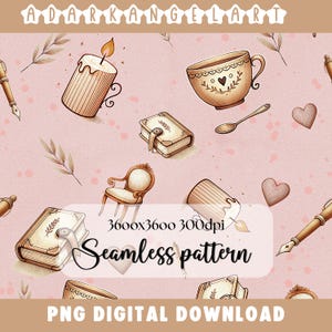 Books Coffee Seamless Pattern, Girly Seamless Pattern, Repeat Pattern, Pink coffee warp, Bookish Png, Sublimation Design, Coffee Pattern Png