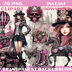 70 PNG black and pink watercolour steampunk clipart bundle Transparent background, JPG digital art instant download commercial use