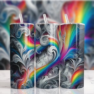Rainbow Tumbler Wrap Marble Neon Colors and Gold Glitter 20oz Tumbler Sublimation Design PNG, Alcohol Ink Tumbler PNG File