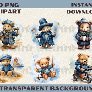 60 Watercolor Teddy Bear Clipart, Nursery Art (PNG JPG Digital Download)