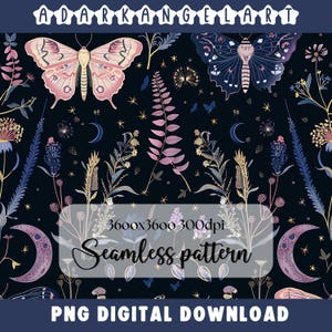 Night Garden seamless pattern PNG digital print file instant download dark Sublimation POD mystical moth magic witchy floral Commercial Use