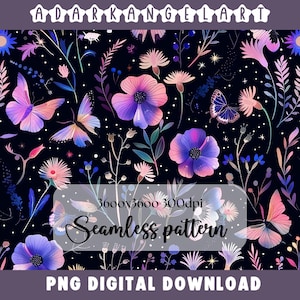 Night Garden seamless pattern PNG digital print file instant download dark Sublimation POD mystical moth magic witchy floral Commercial Use