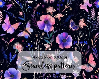 Night Garden seamless pattern PNG digital print file instant download dark Sublimation POD mystical moth magic witchy floral Commercial Use