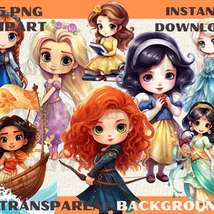 25 PNG clipart acquerello principesse delle fiabe, Rapunzel, Biancaneve, Bella Ariel, creazione di carte JPG arte digitale stampabile, uso commerciale