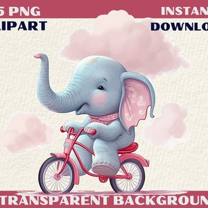 Elephant on Bicycle Watercolor Clipart, Transparent PNG JPG (Digital Download)