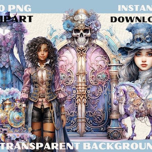 70 PNG Phantom Pastel schillernden Steampunk Clipart-Set, Transparenter Hintergrund, Kartenherstellung, JPG digitale Kunst Sofort-Download kommerzielle Nutzung