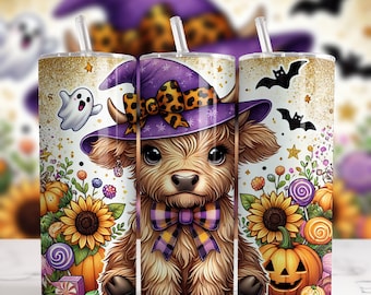 Highland Cow Halloween Tumbler, Witch Hat, Pumpkins (PNG)
