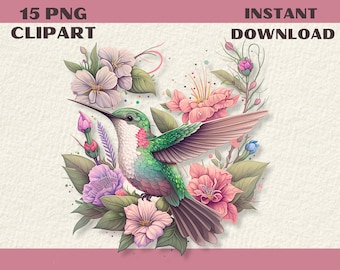 15 PNG Hummingbird Watercolor Clipart, Junk Journaling Scrapbook, Nursery Decor Wall Art, card making, digital clip art, Instant download