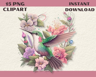 Aquarel kolibrie clipart, bloemen png-afbeeldingen (digitale download)