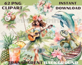 Hawaii Watercolor Clipart: Pastel Tropical Island PNG, JPG (Digital Download)